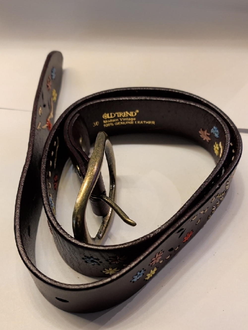 Brown Floral-Accent Leather Belt with Antiqued Brass Buckle - Picture 9 of 13
